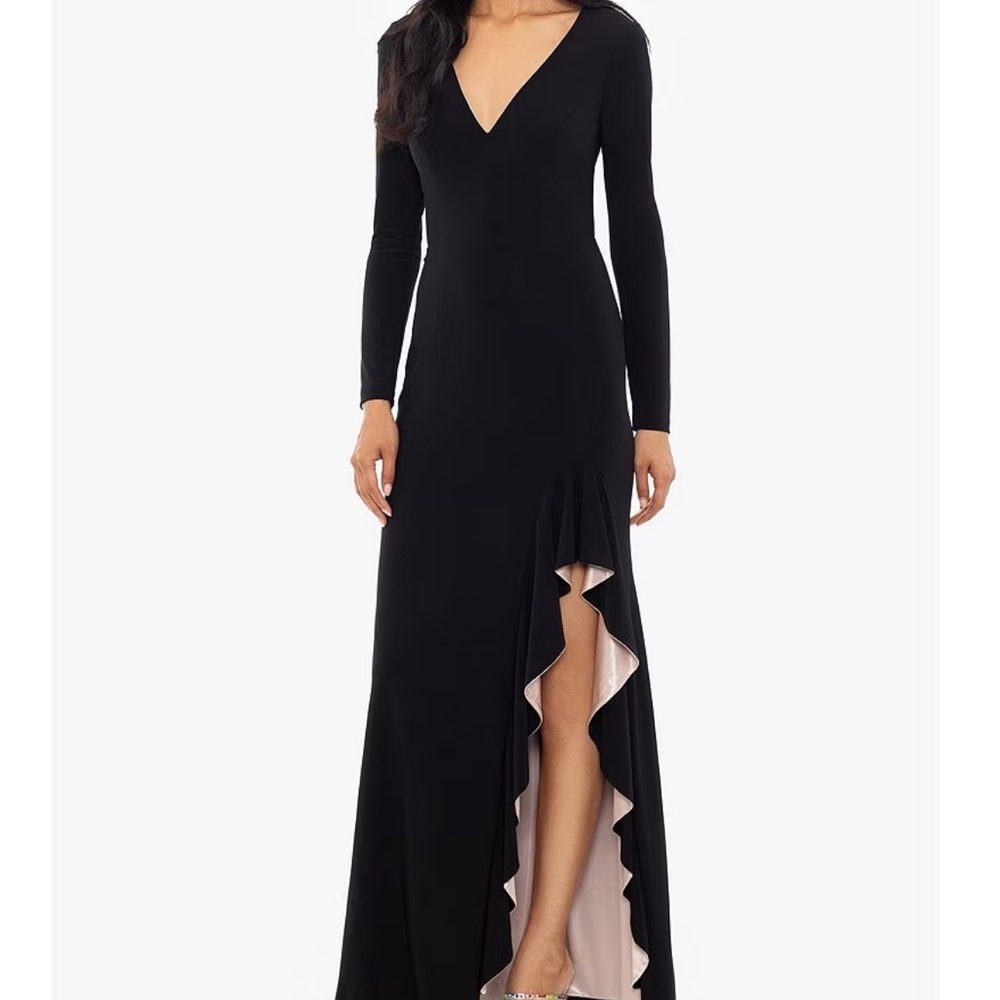NWT Xscape Stretch V-Neck Long Sleeve Cascading Ruffle Gown